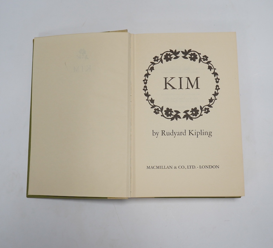 Kipling, Rudyard – Kim, 1st English edition, 8vo, photographic plates, tissue-guard, 2pp. publisher’s advertisement to rear, original red cloth, gilt medallion to upper cover, Macmillan & Co. Ltd., London, 1901. Together